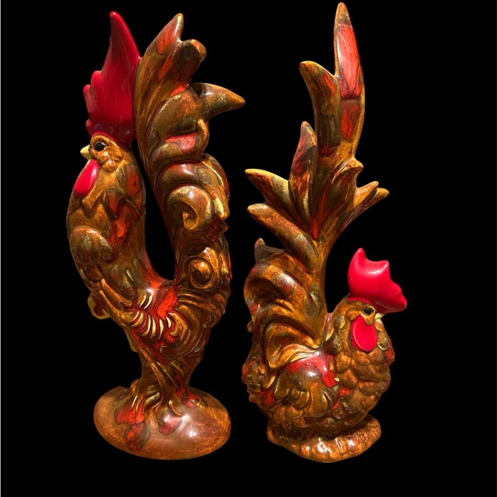 Vintage Rooster Figurines in Red and Brown